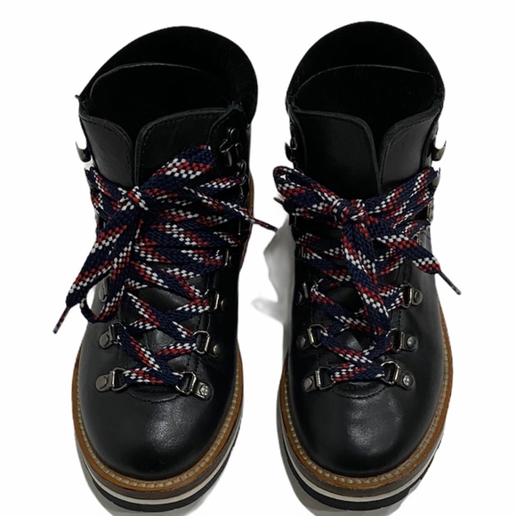 MONCLER Blanche Hiking Boot Black LeatherVelvet Trimmed Winter Booties